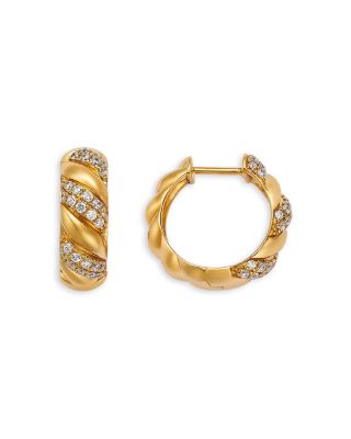 Diamond Patterned Hoop Earrings in 14K Yellow Gold, 0.4 tcw