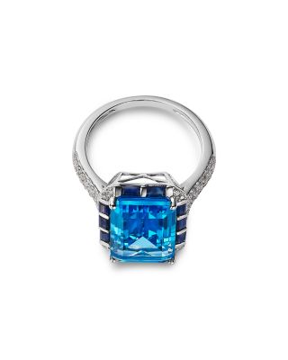 Swiss Blue Topaz, Blue Sapphire &amp; Diamond Octagon Halo Ring in 14K White Gold