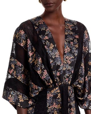 Printed Kimono Sleeve Lace Detail Maxi Dress