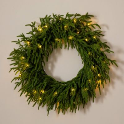 Pre-Lit Artificial Real Touch Norfolk Island Pine Wreath with Warm White LED Lights and Natural Look