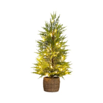 Pre-Lit Artificial Lightly Snowed Cypress 32" Christmas Tree with Warm White LED Lights in Decorative Basket