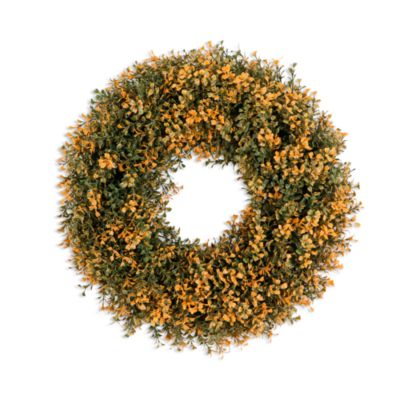 Pre-Lit Autumn Boxwood Artificial Fall 18&#39; Wreath with Warm White LED Lights