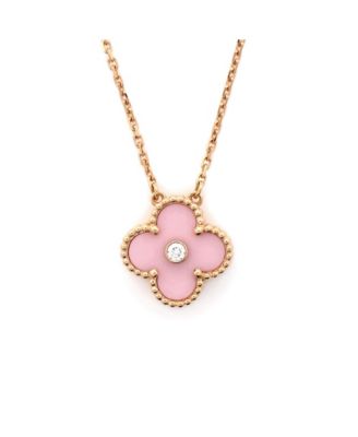  Vintage Alhambra Pendant Necklace 18K Rose Gold and Pink Sevres Porcelain with Diamond, 14.5 - 16.25"