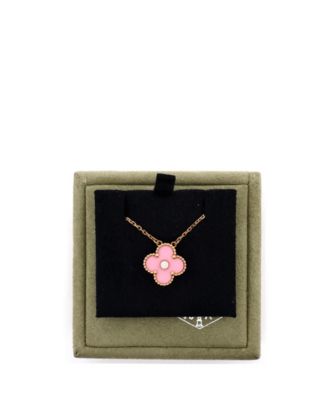  Vintage Alhambra Pendant Necklace 18K Rose Gold and Pink Sevres Porcelain with Diamond, 14.5 - 16.25"
