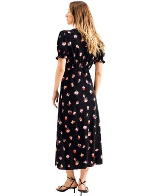  Pansy Print Shirred Cuff Midi Dress