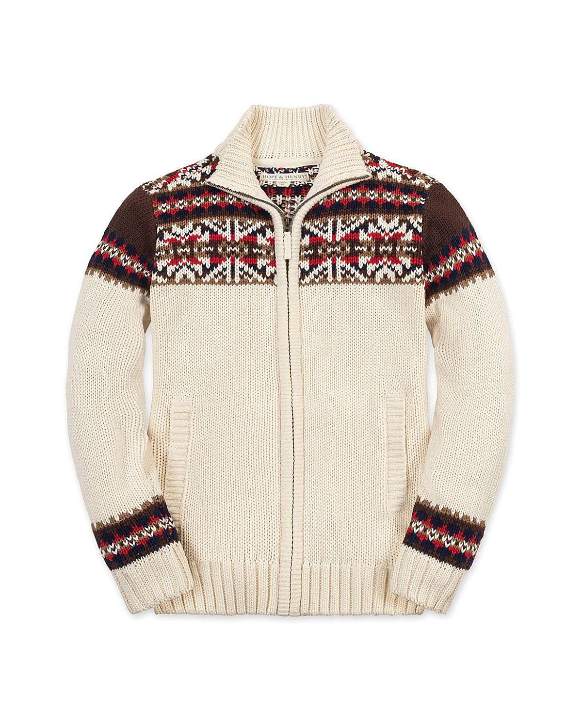 Hope & Henry Boys' Organic Long Sleeve Full Zip Mock Neck Intarsia Sweater - Little Kid, Big Kid