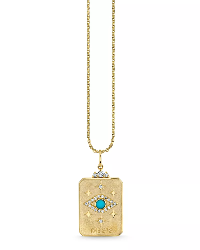 Sydney Evan 14K Yellow Gold Diamond & Turquoise Eye Tarot Card Pendant Necklace, 16