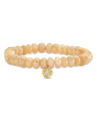 14K Yellow Gold Diamond & Moonstone Sunburst Charm Beaded Bracelet
