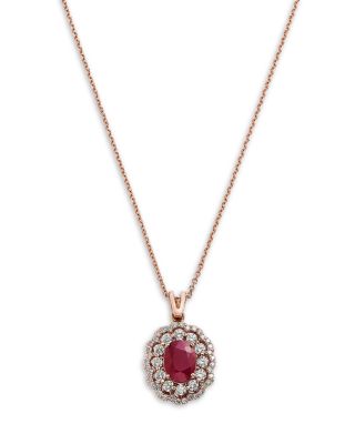 Ruby & Diamond Halo Pendant Necklace in 14K Rose Gold, 16"