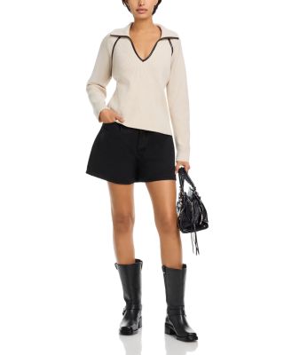 Caterina Faux Leather Trim Polo Sweater