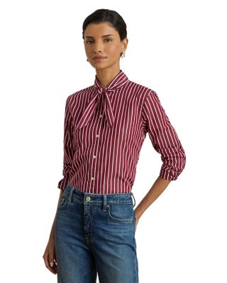 Striped Cotton Broadcloth Tie Neck Shirt