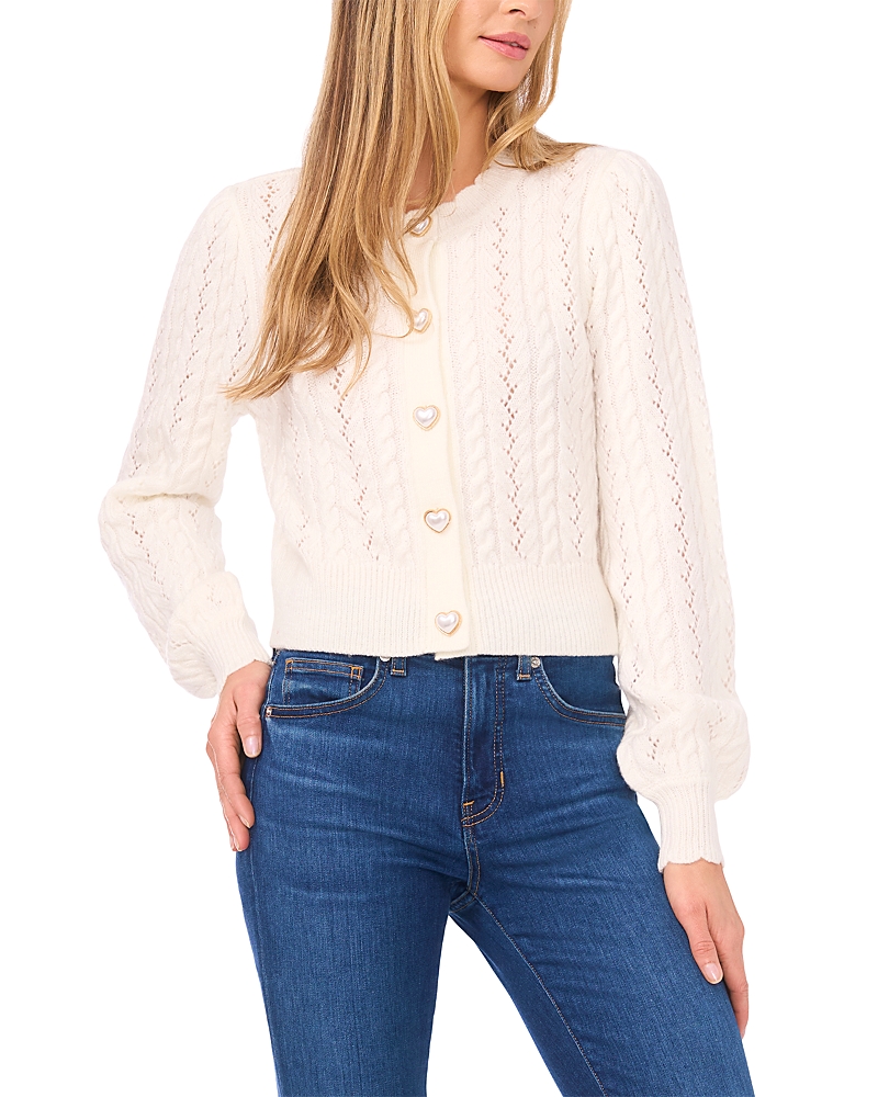 Cece Heart Button Pointelle Cardigan In Neutral