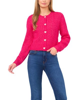 Cece Heart Button Pointelle Cardigan In Pink