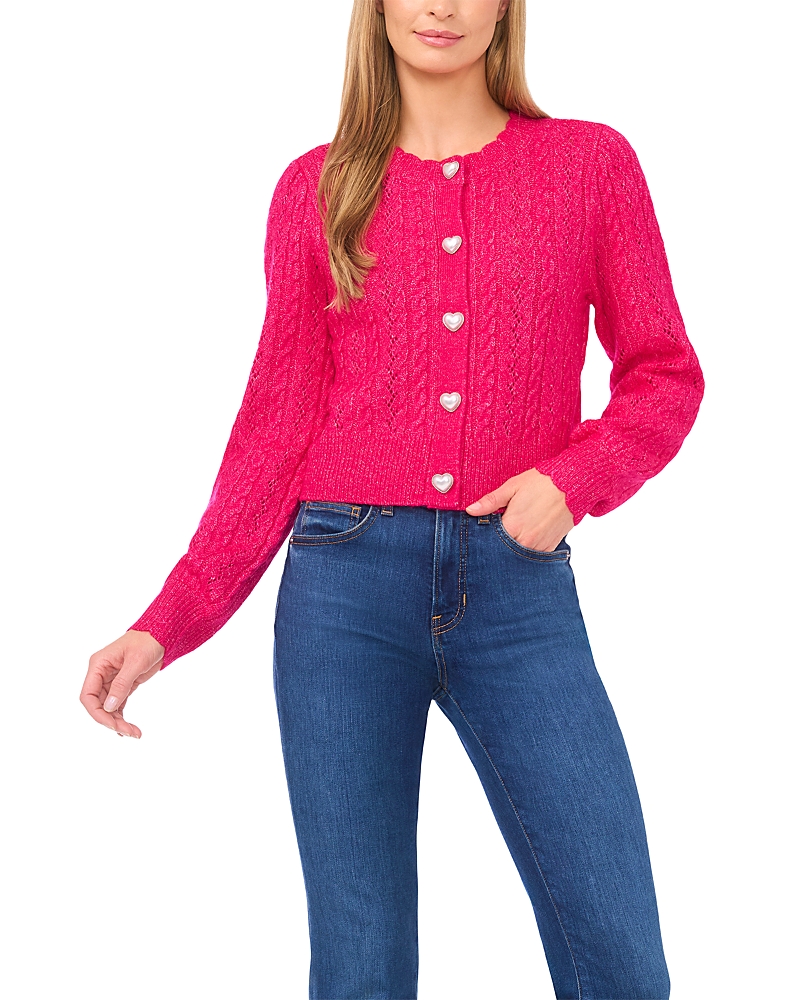 Cece Heart Button Pointelle Cardigan In Pink