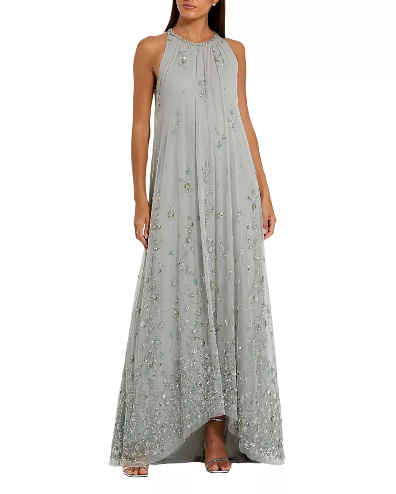 Mac Duggal High Neck Floral Embellished Mesh Trapeze Gown