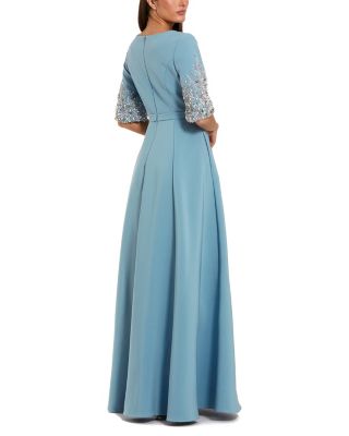  3/4 Sleeve Crepe Gown with Sleeve Embellishments
