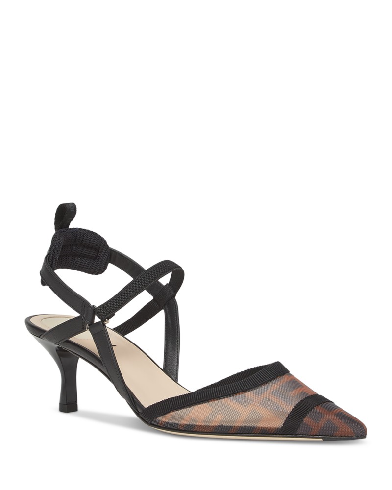 Fendi Women's Colibri Lite Ff Mesh Mid Heel Slingbacks in Black/Brown
