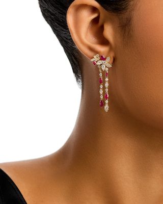 Ruby & Diamond Drop Statement Earrings in 14K Yellow Gold