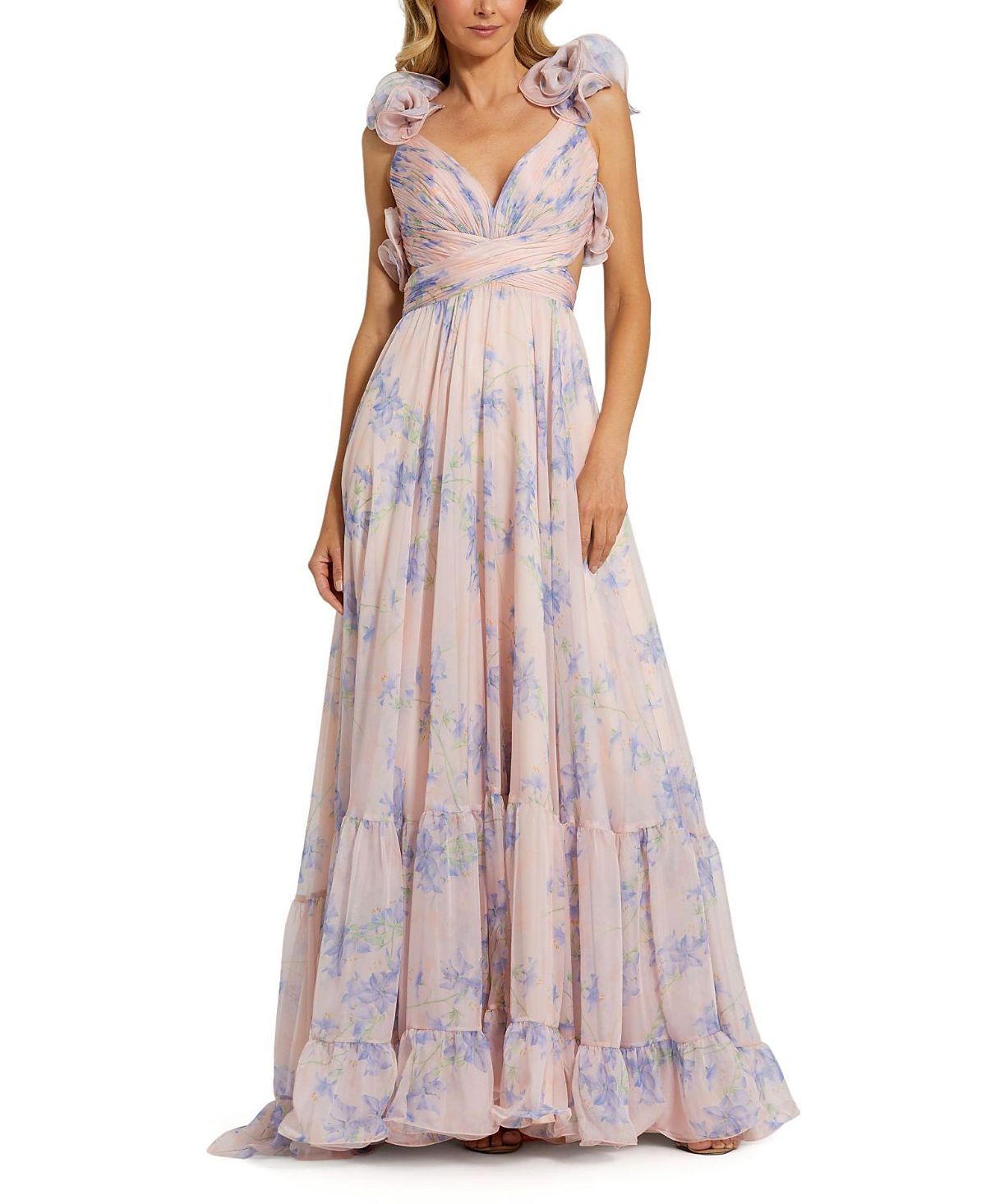 Mac Duggal Ruffle Tiered Floral Cut-Out Chiffon Gown