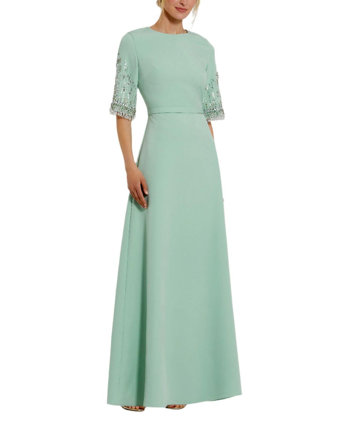 Mac Duggal Crepe A Line Gown With Beaded 3/4 Sleeves