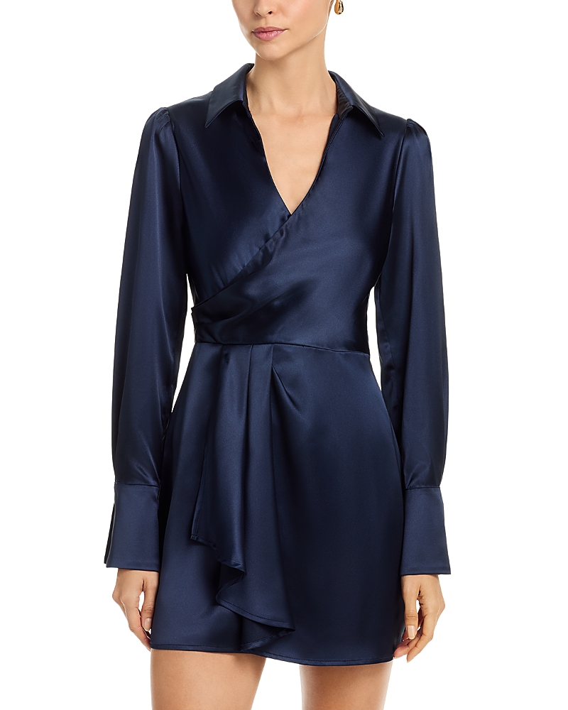 Aqua Long Sleeve Satin Wrap Mini Dress - Exclusive