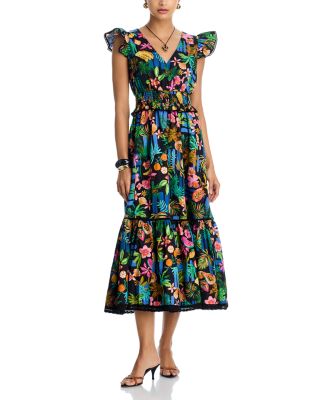 Tropical Ruffled Sleeve V Neck Midi Dress - Exclusive