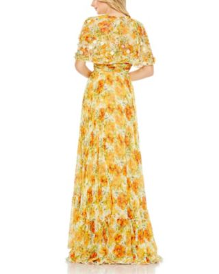  Floral Print High Neck Cape Sleeve A Line Gown