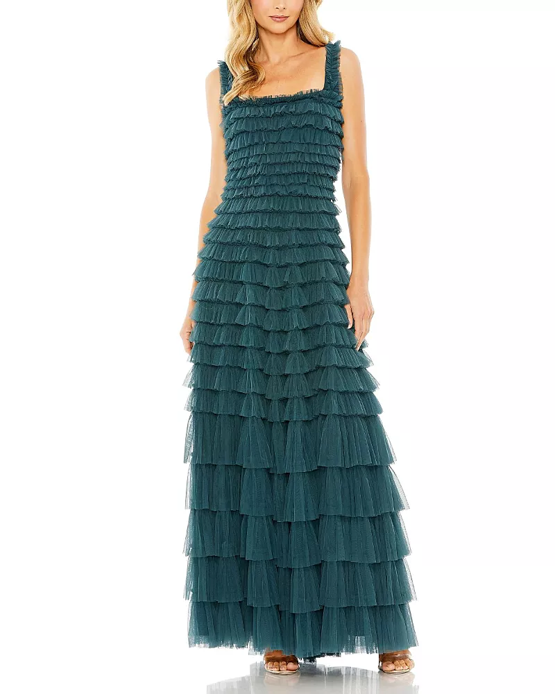 Mac Duggal Textured Mesh Square Neckline Allover Ruffle Gown