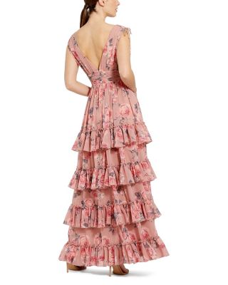 Drawstring Shoulder Floral Chiffon Tiered Gown