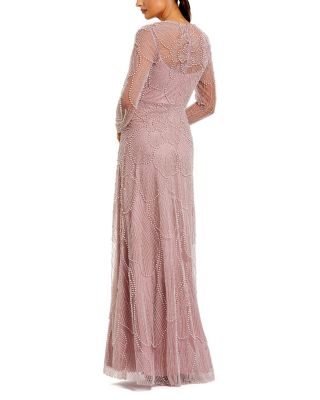 Beaded Mesh High Neck Long Sleeve A Line Gown