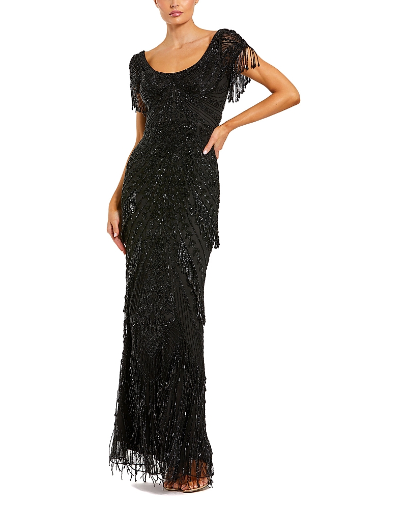 Mac Duggal Beaded Mesh Fringe Short Sleeve Column Gown In Black