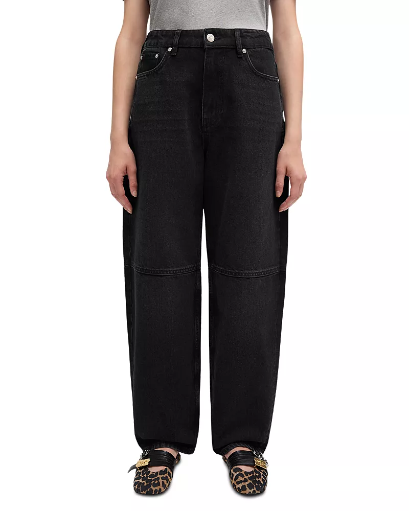 Ganni Essentials Rigid Mid Rise Barrel Jeans in Dark Washed
