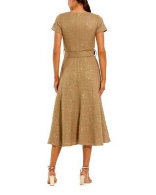 Boucle Cap Sleeve High Neck Button Up Midi Dress