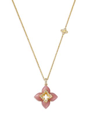 18K Yellow Gold Venetian Princess Pink Opal & Diamond Flower Pendant Necklace, 16-18"