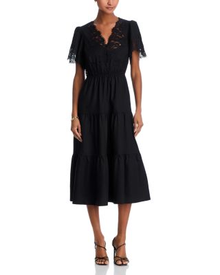 Short Sleeved Lace V Neck Midi Dress - Exclusive