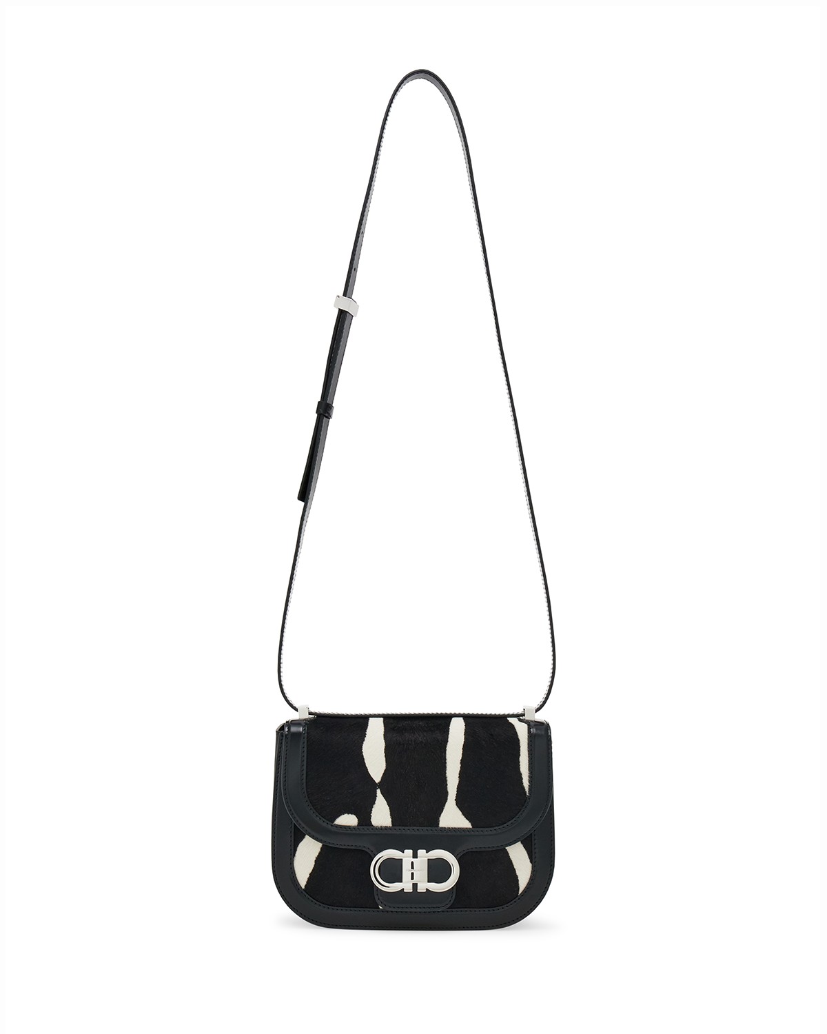 Ferragamo Double Gancini Calf Hair Crossbody in Kasbian Bianco
