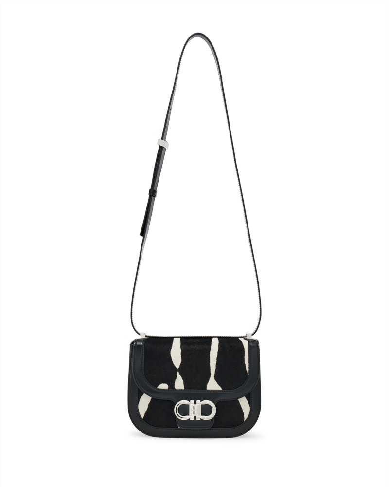 Ferragamo Double Gancini Calf Hair Crossbody in Kasbian Bianco