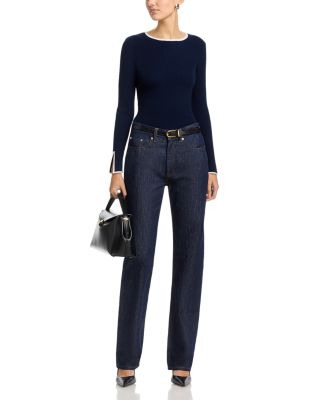 Long Bell Sleeved Rib Contrast Tipping Crewneck Pullover Sweater