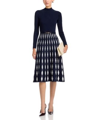 Mock Neck Flared Diamond Jacquard Dress