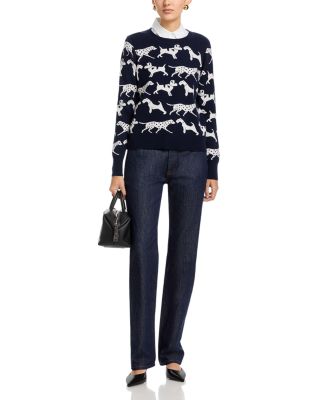 Long Sleeved Dog Jacquard Crewneck Pullover Sweater