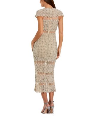 Beaded Mesh Fitted Midi Dress with Sheer Panels