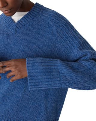 Wool Ribbed Sleeve V Neck Knit Sweater