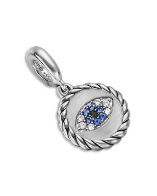 Evil Eye Amulet in Sterling Silver with Light Blue Sapphires, Black Diamonds and Diamonds, 12.6mm