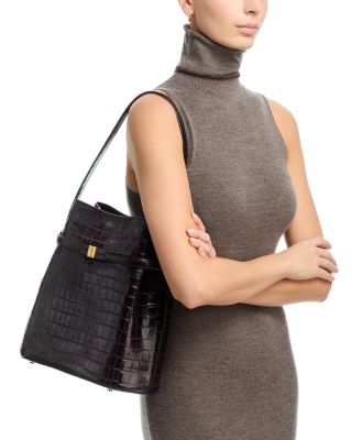 Belted Croc-Embossed Bucket Bag in Dark Brown