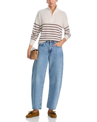 100% Cashmere Mock Neck Quarter Zip Striped Sweater - Exclusive