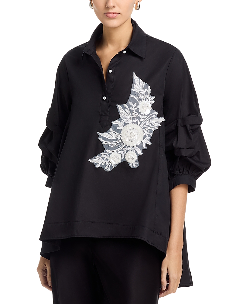 Nancy Yang Beaded Puffed Sleeve Top In Black