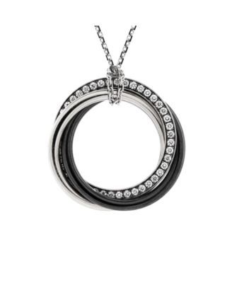  Small Trinity Pendant Necklace 18K White Gold with Diamonds and Ceramic, 16.5 - 17.75"