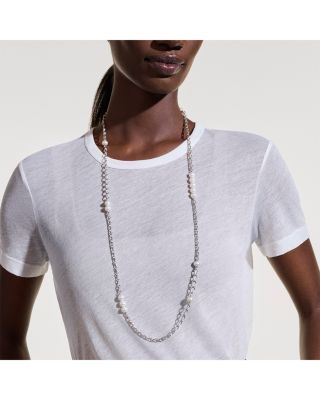 Sterling Silver Surf Cultured Freshwater Pearl Station Long Length Necklace, 36"