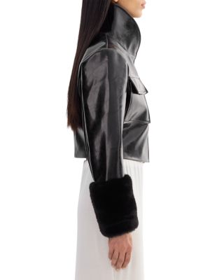Faux Leather Fur Cuff Jacket