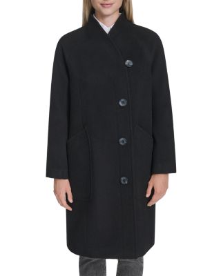 Asymmetric Closure Chevron Texture Wool Blend Coat